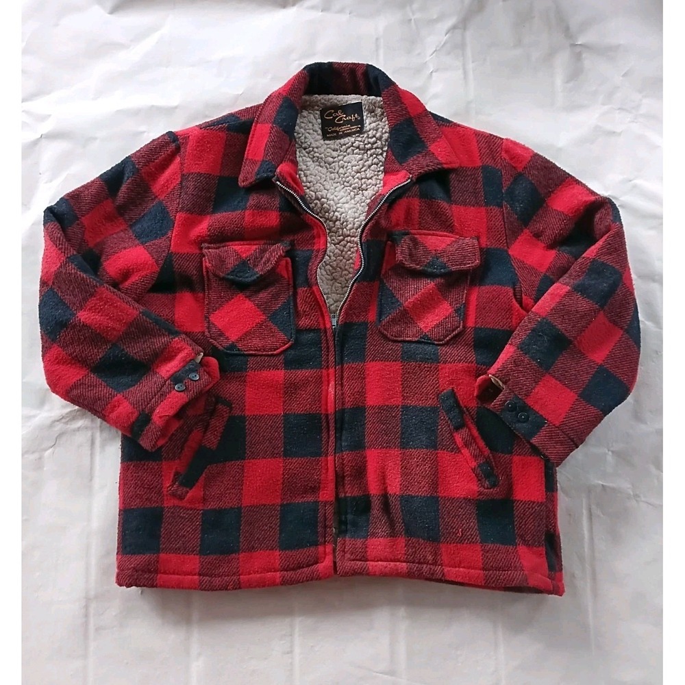 VTG Cal Craft Buffalo Plaid Jacket Men L Sherpa Lined Red Black Made In USA Coat